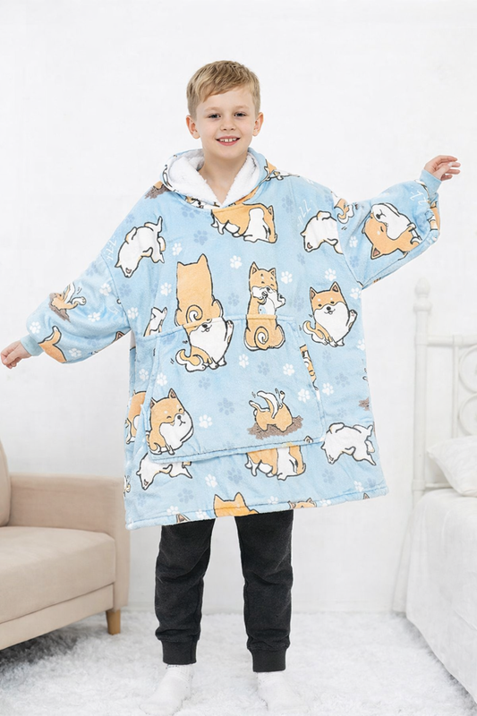 Kids Sherpa Hoodie Blue Dog Print – Oversized Wearable Blanket