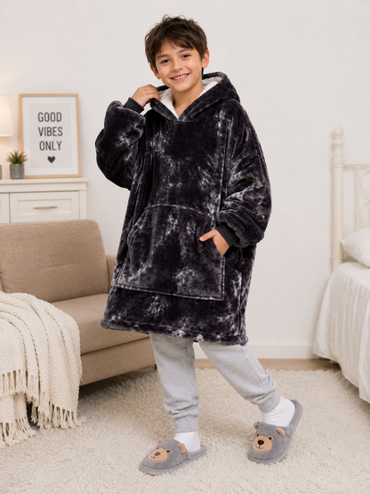 Kids Sherpa Hoodie Black Tie Dye – Oversized Wearable Blanket