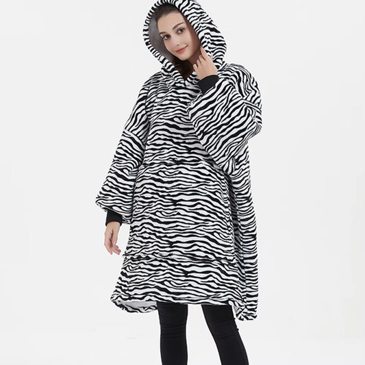 Kids Sherpa Hoodie Black White Zebra Print – Oversized Wearable Blanket