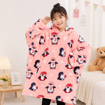 Kids Sherpa Hoodie Pink Penguin Print – Oversized Wearable Blanket