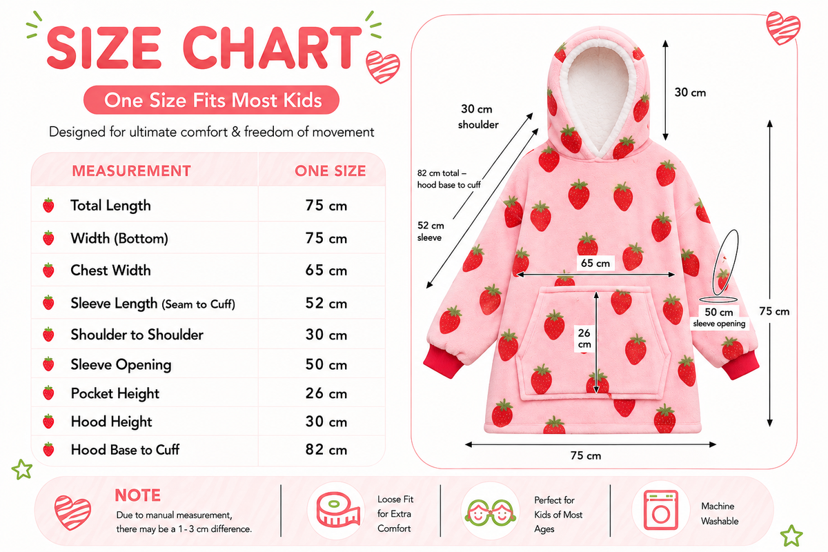 Kids Sherpa Hoodie Pink Strawberry Print – Oversized Wearable Blanket