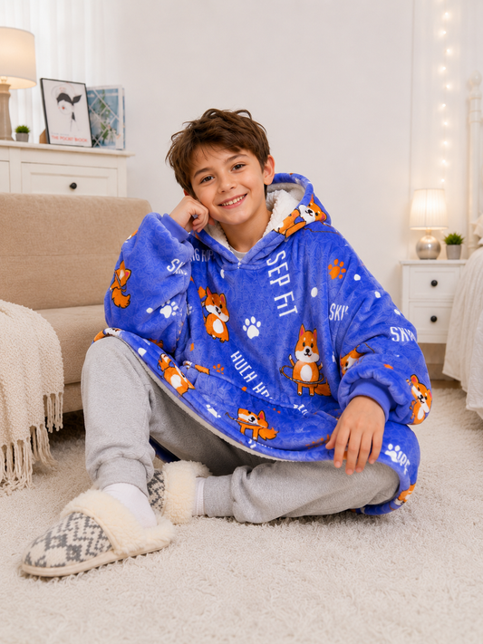 Kids Sherpa Hoodie Blue Fox Print – Oversized Wearable Blanket