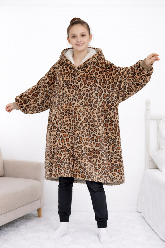 Kids Sherpa Hoodie Leopard Print – Oversized Wearable Blanket