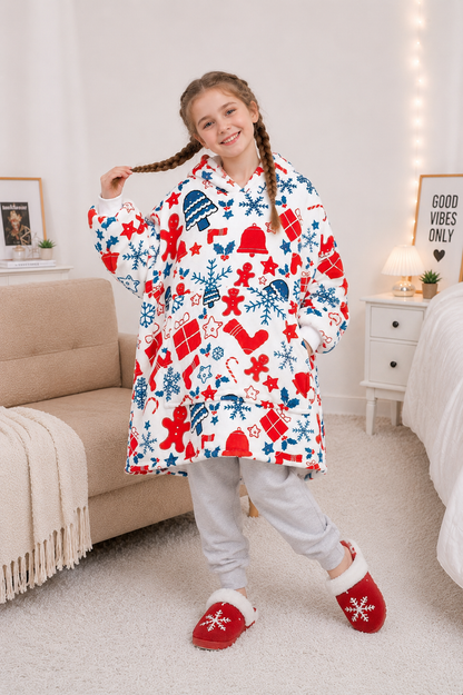 Kids Sherpa Hoodie Christmas Print – Oversized Wearable Blanket