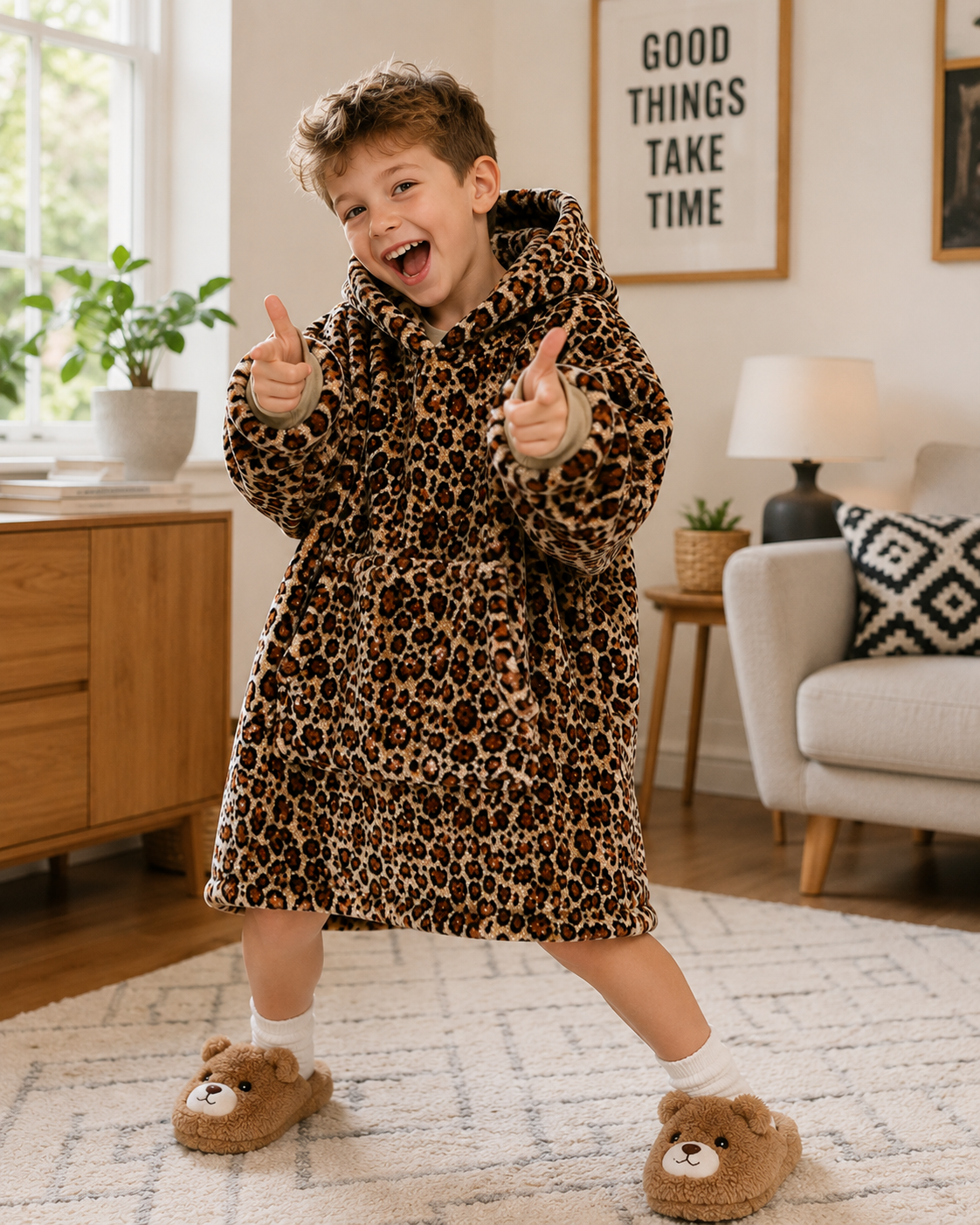 Kids Sherpa Hoodie Leopard Print – Oversized Wearable Blanket