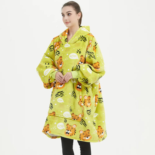 Kids Sherpa Hoodie Green Tiger Print – Oversized Wearable Blanket