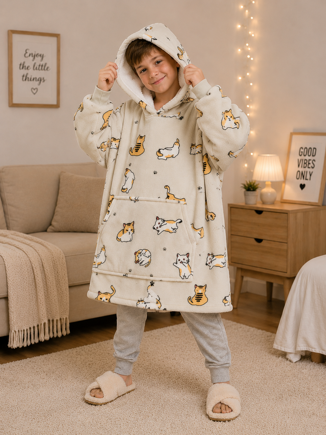 Kids Sherpa Hoodie Beige Cat Print – Oversized Wearable Blanket