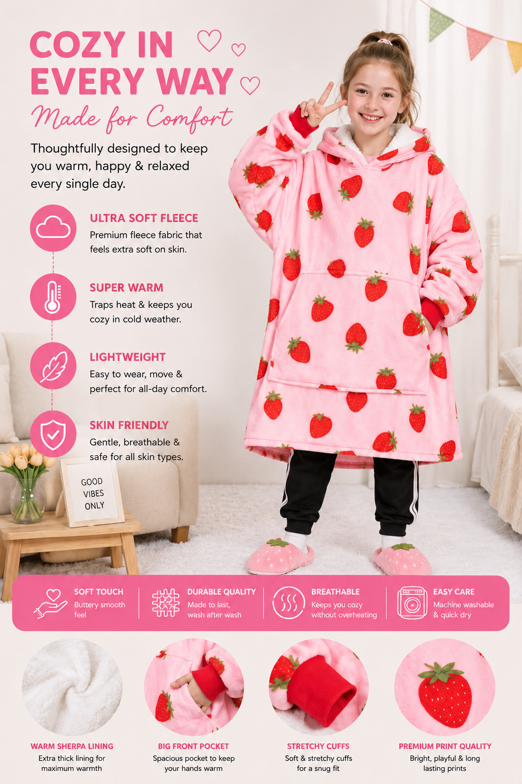 Kids Sherpa Hoodie Pink Strawberry Print – Oversized Wearable Blanket
