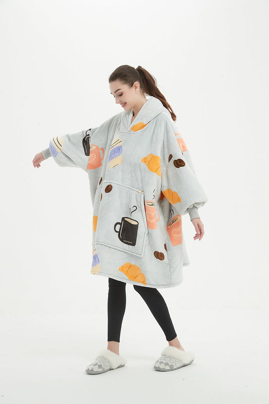 Kids Sherpa Hoodie Grey Coffee Print – Oversized Wearable Blanket
