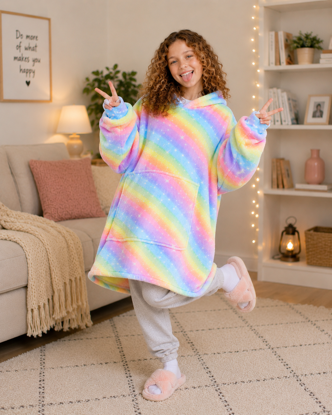 Kids Sherpa Hoodie Rainbow Stripe Print – Oversized Wearable Blanket