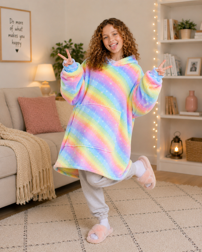 Kids Sherpa Hoodie Rainbow Stripe Print – Oversized Wearable Blanket