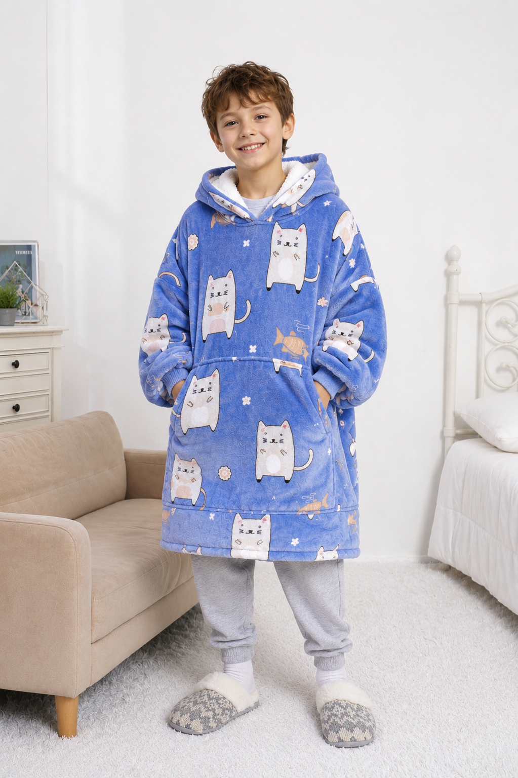 Kids Sherpa Hoodie Blue Cat Print – Oversized Wearable Blanket