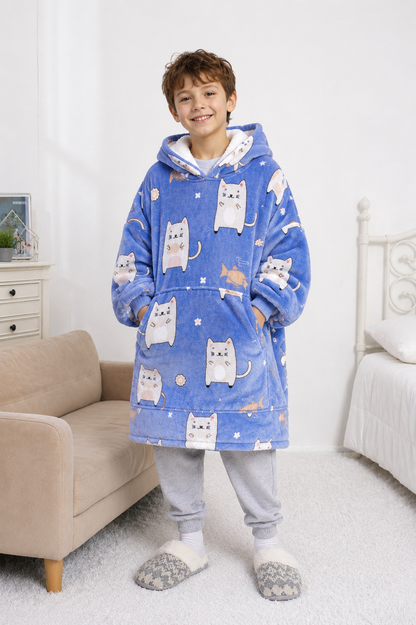 Kids Sherpa Hoodie Blue Cat Print – Oversized Wearable Blanket