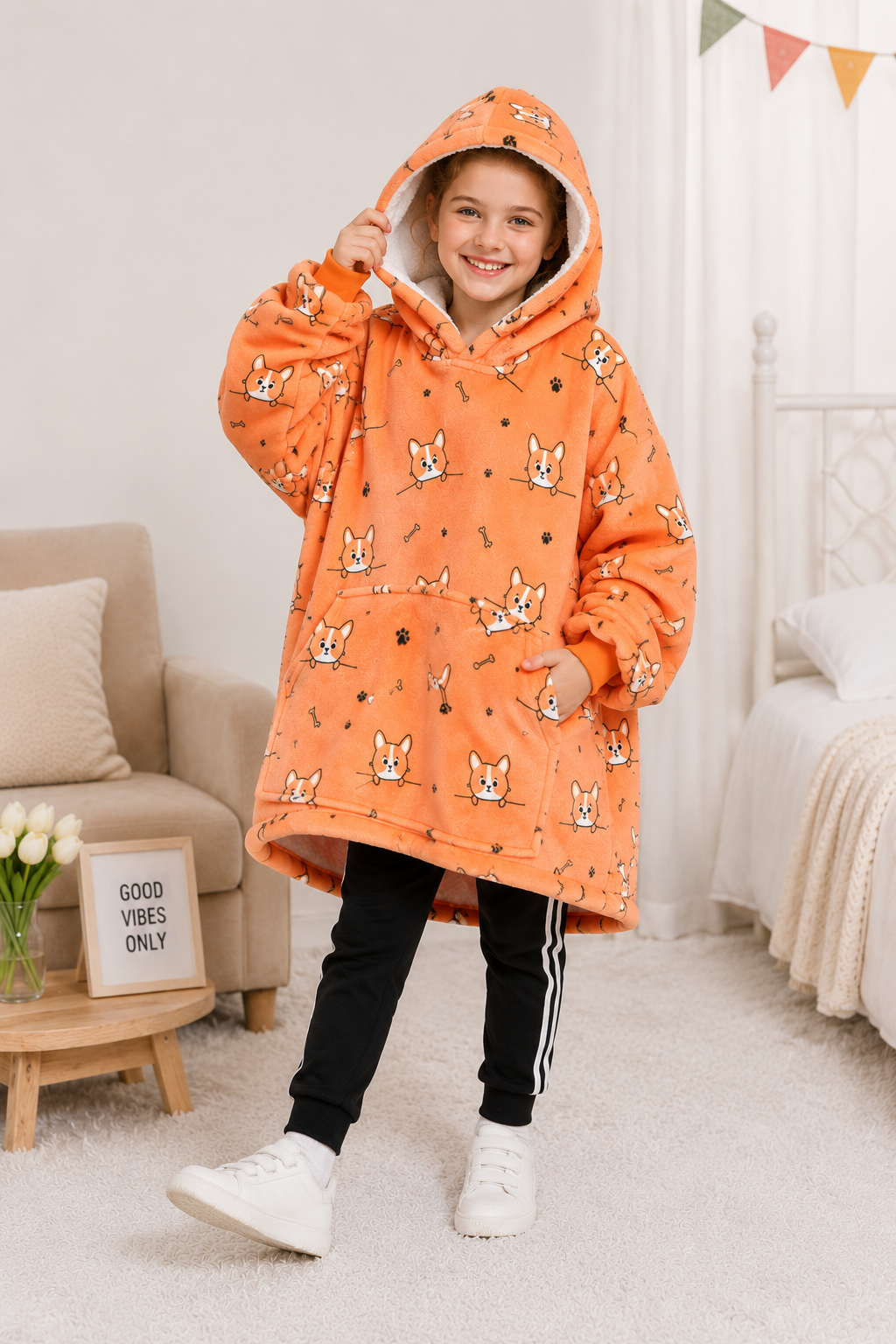 Kids Sherpa Hoodie Orange Dog Print – Oversized Wearable Blanket