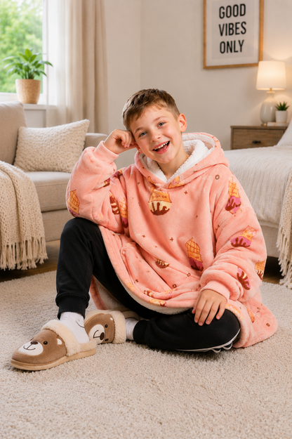 Kids Sherpa Hoodie Peach Ice Cream Print – Oversized Wearable Blanket