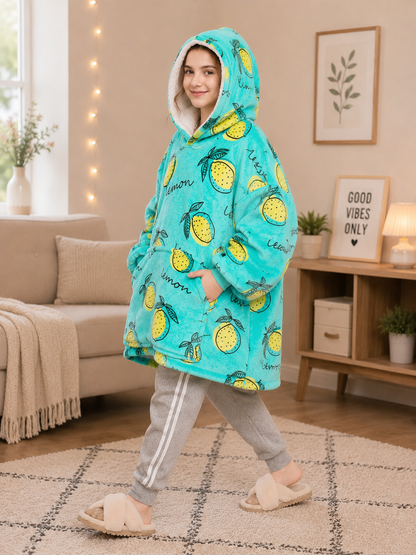 Kids Sherpa Hoodie Lemon Print – Oversized Wearable Blanket