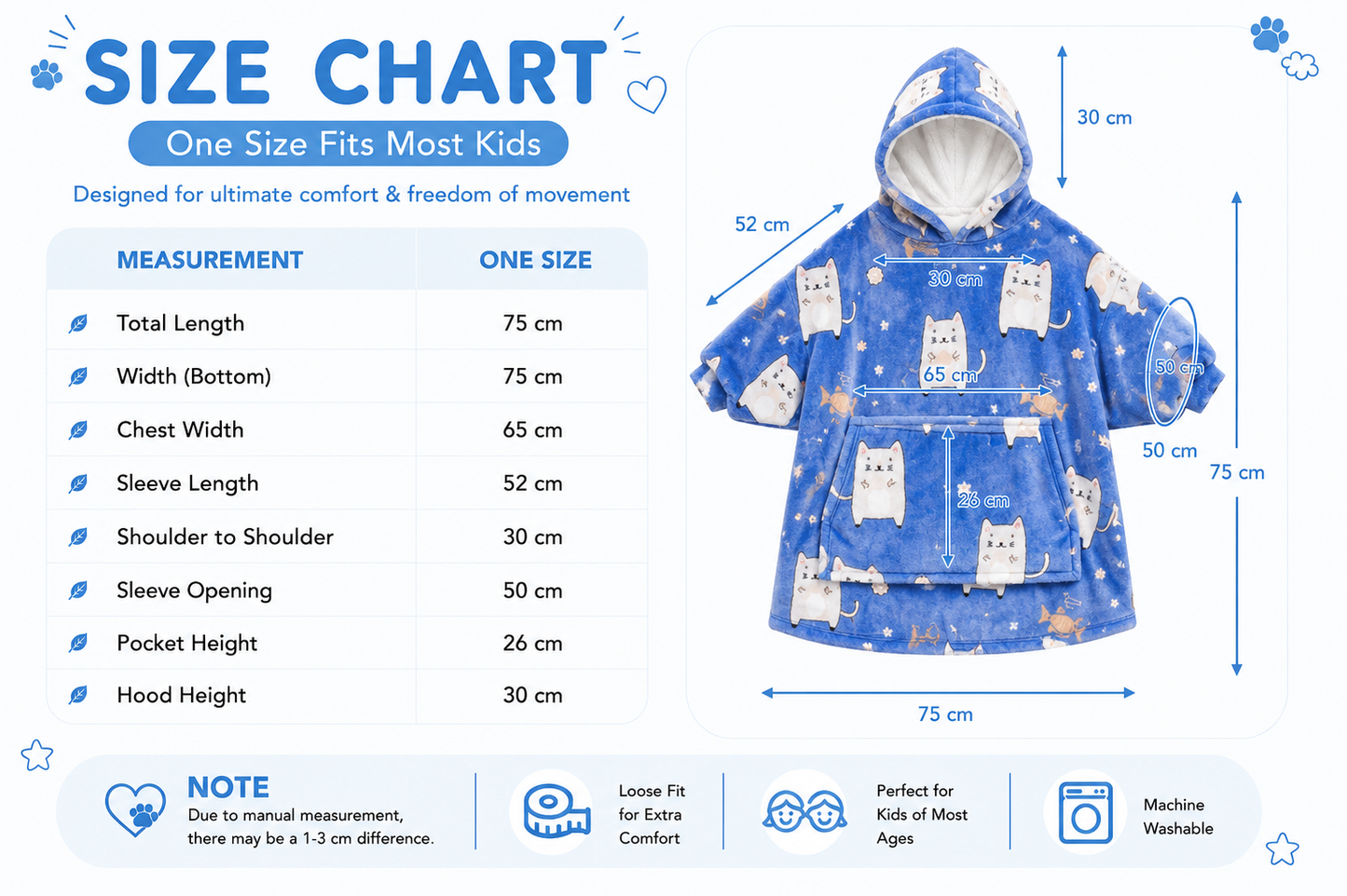 Kids Sherpa Hoodie Blue Cat Print – Oversized Wearable Blanket