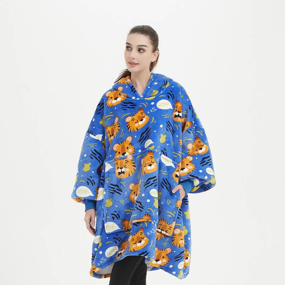 Kids Sherpa Hoodie Blue Tiger Print – Oversized Wearable Blanket
