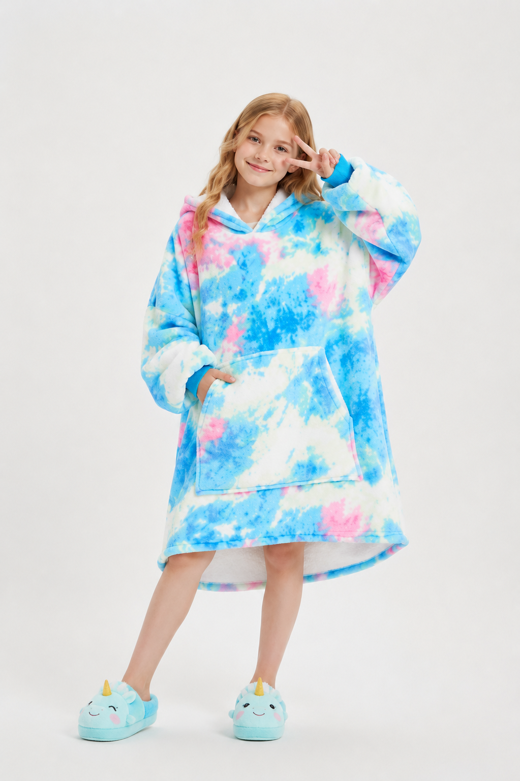 Kids Sherpa Hoodie Blue Pink Tie Dye – Oversized Wearable Blanket