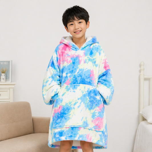 Kids Sherpa Hoodie Blue Pink Tie Dye – Oversized Wearable Blanket