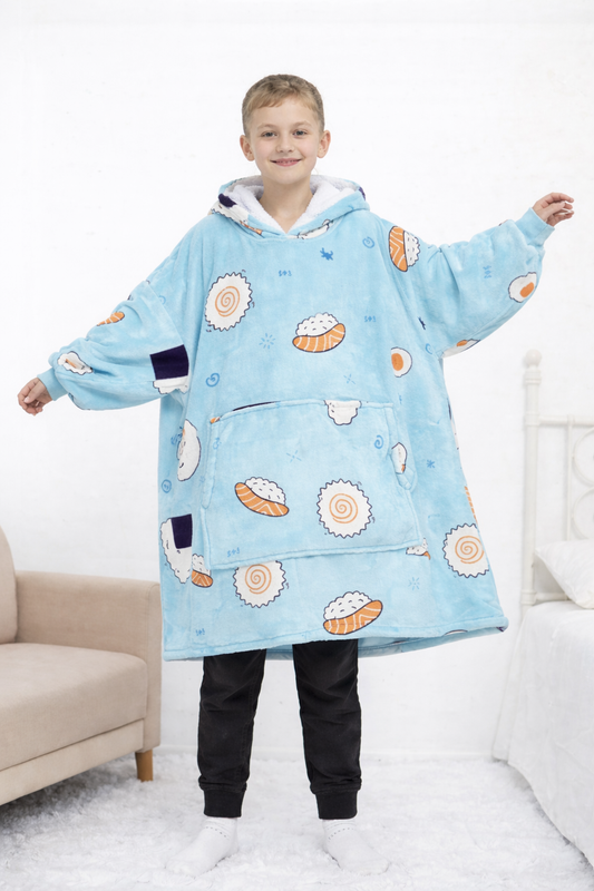 Kids Sherpa Hoodie Blue Sushi Print – Oversized Wearable Blanket