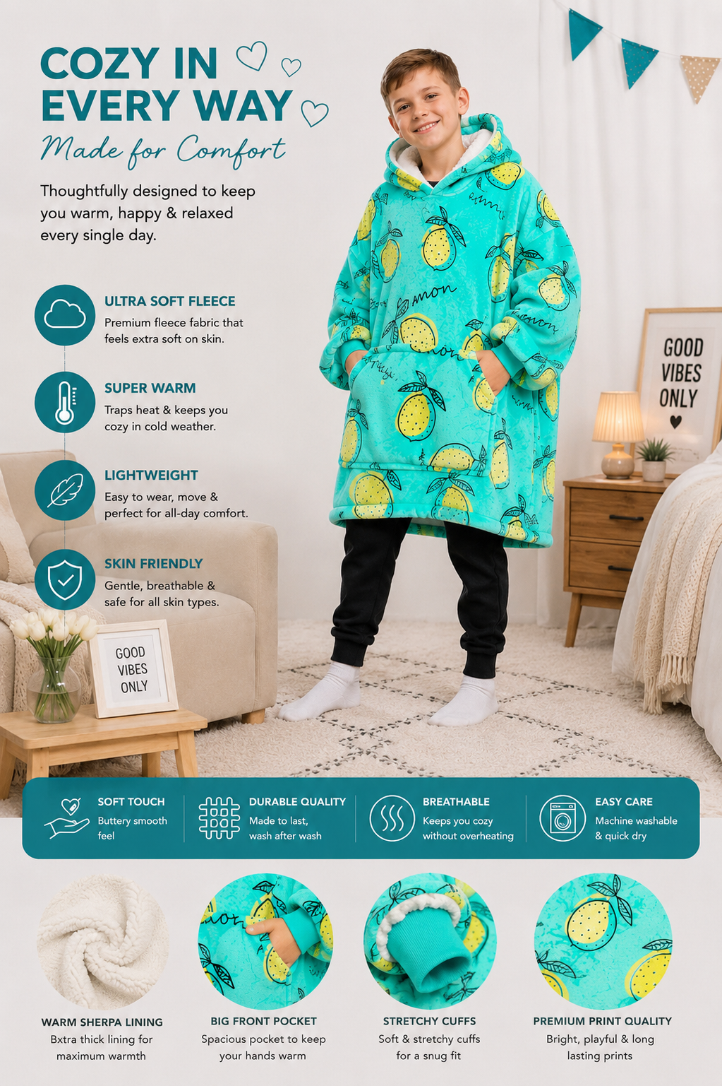 Kids Sherpa Hoodie Lemon Print – Oversized Wearable Blanket
