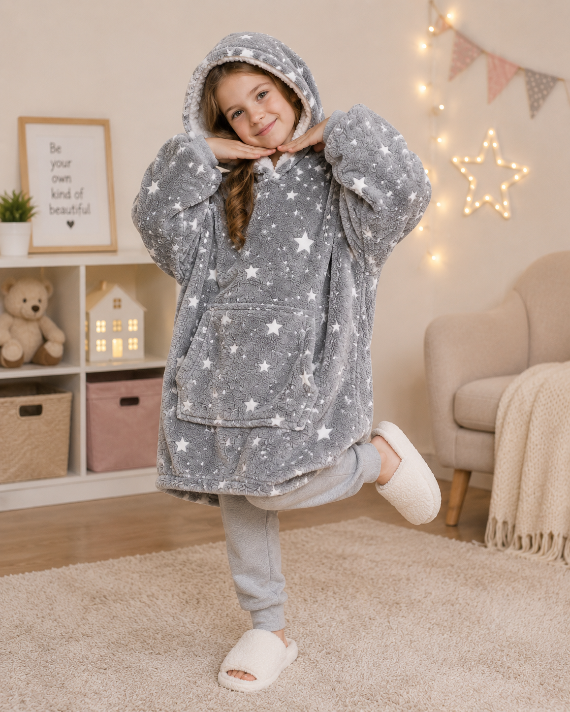Kids Sherpa Hoodie Grey Star Print – Oversized Wearable Blanket