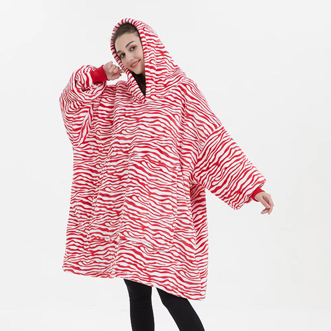 Kids Sherpa Hoodie Red Zebra Print – Oversized Wearable Blanket