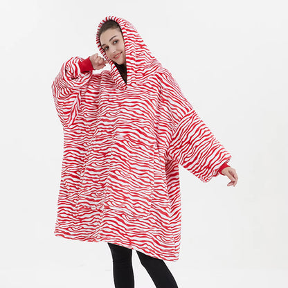 Kids Sherpa Hoodie Red Zebra Print – Oversized Wearable Blanket