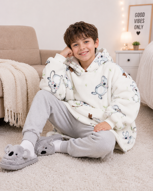 Kids Sherpa Hoodie White Koala Print – Oversized Wearable Blanket