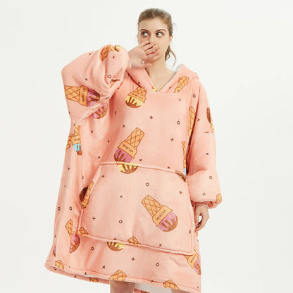 Kids Sherpa Hoodie Peach Ice Cream Print – Oversized Wearable Blanket