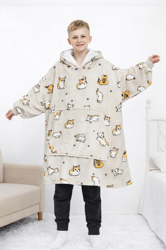 Kids Sherpa Hoodie Beige Cat Print – Oversized Wearable Blanket