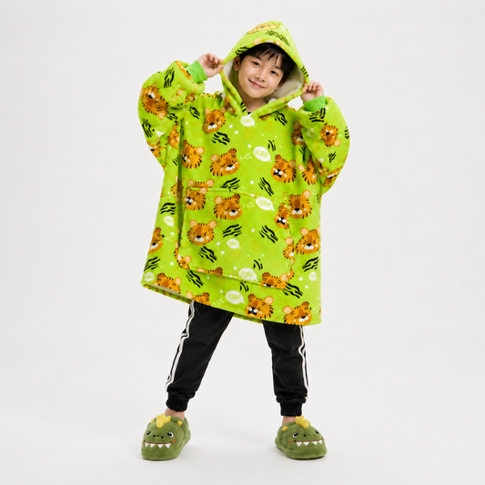 Kids Sherpa Hoodie Green Tiger Print – Oversized Wearable Blanket