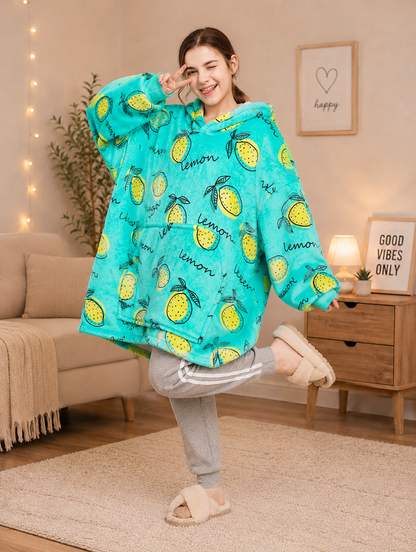 Kids Sherpa Hoodie Lemon Print – Oversized Wearable Blanket