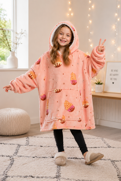 Kids Sherpa Hoodie Peach Ice Cream Print – Oversized Wearable Blanket
