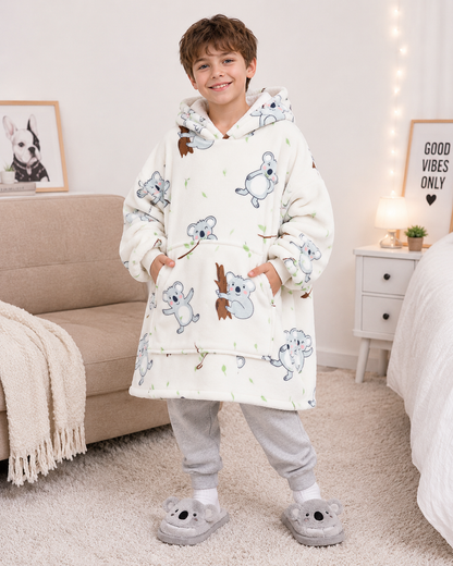 Kids Sherpa Hoodie White Koala Print – Oversized Wearable Blanket