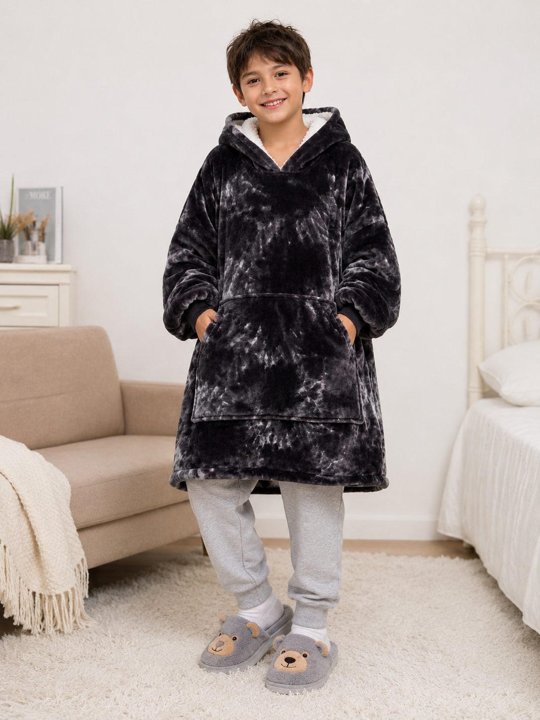 Kids Sherpa Hoodie Black Tie Dye – Oversized Wearable Blanket