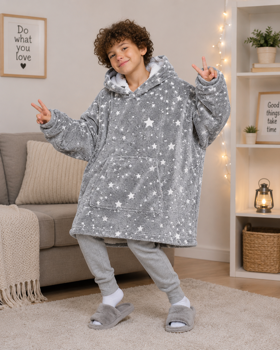 Kids Sherpa Hoodie Grey Star Print – Oversized Wearable Blanket