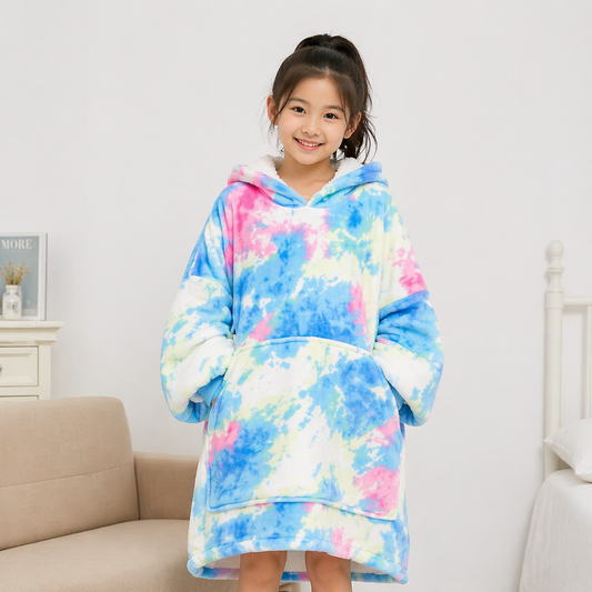 Kids Sherpa Hoodie Blue Pink Tie Dye – Oversized Wearable Blanket