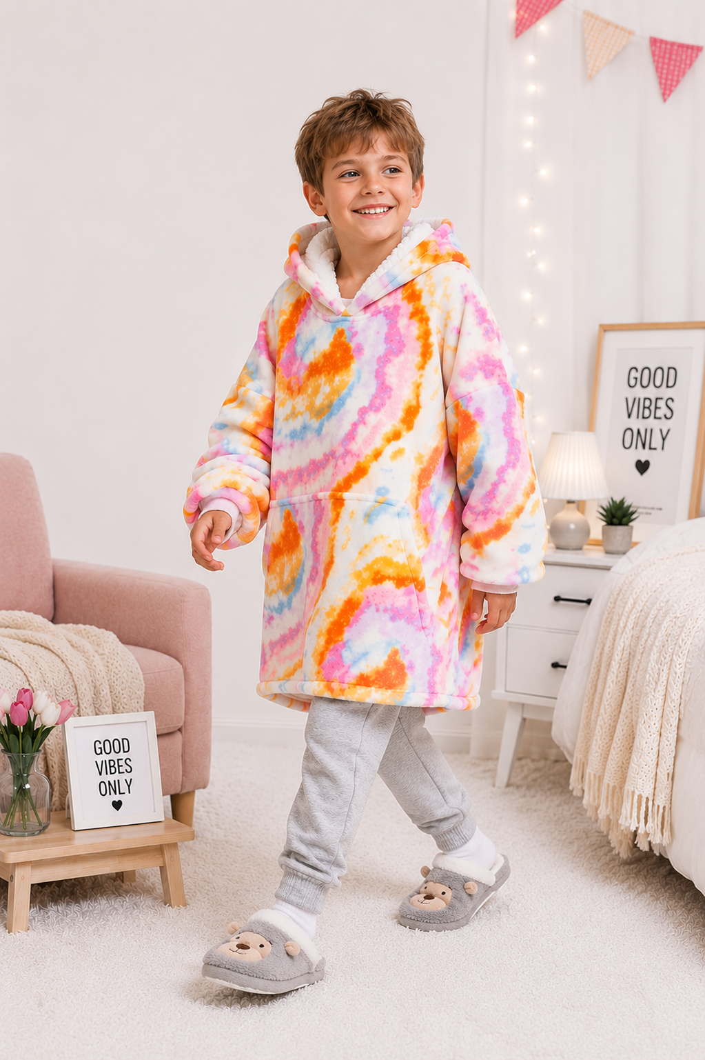 Kids Sherpa Hoodie Pastel Tie Dye – Oversized Wearable Blanket