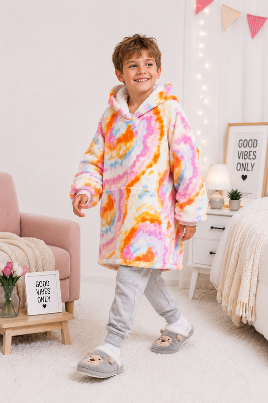 Kids Sherpa Hoodie Pastel Tie Dye – Oversized Wearable Blanket