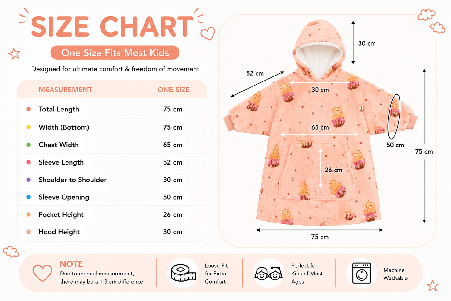 Kids Sherpa Hoodie Peach Ice Cream Print – Oversized Wearable Blanket