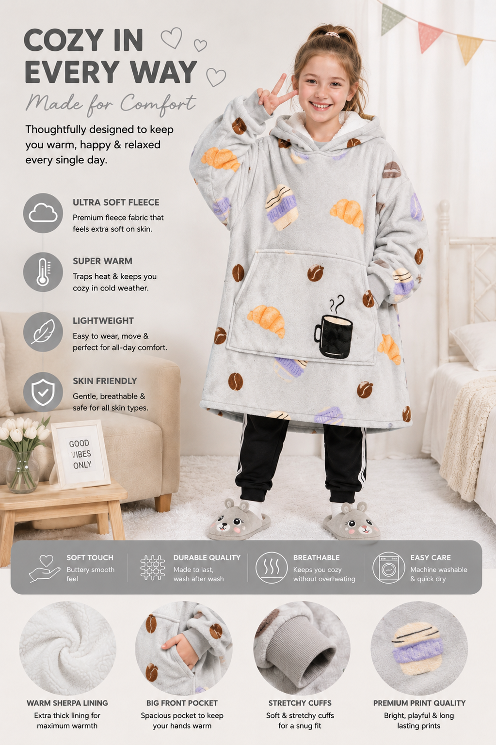 Kids Sherpa Hoodie Grey Coffee Print – Oversized Wearable Blanket