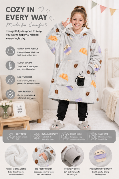 Kids Sherpa Hoodie Grey Coffee Print – Oversized Wearable Blanket