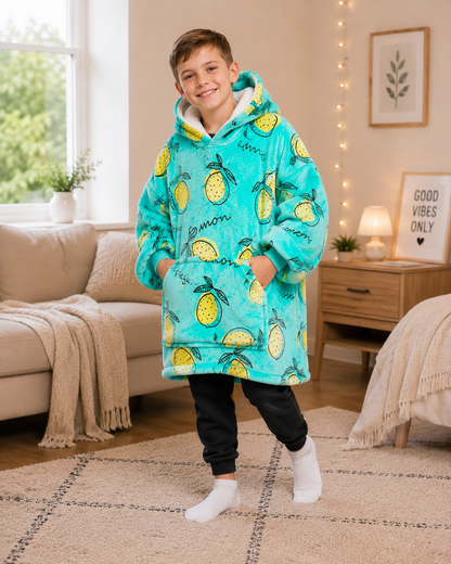 Kids Sherpa Hoodie Lemon Print – Oversized Wearable Blanket