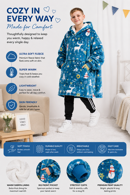 Kids Sherpa Hoodie Blue Christmas Print – Oversized Wearable Blanket