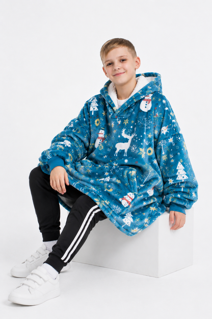 Kids Sherpa Hoodie Blue Christmas Print – Oversized Wearable Blanket
