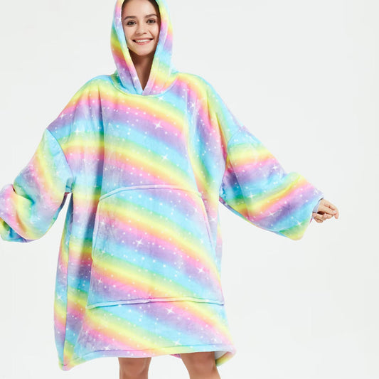 Kids Sherpa Hoodie Rainbow Stripe Print – Oversized Wearable Blanket