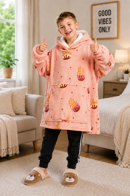 Kids Sherpa Hoodie Peach Ice Cream Print – Oversized Wearable Blanket
