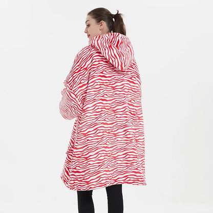 Kids Sherpa Hoodie Red Zebra Print – Oversized Wearable Blanket